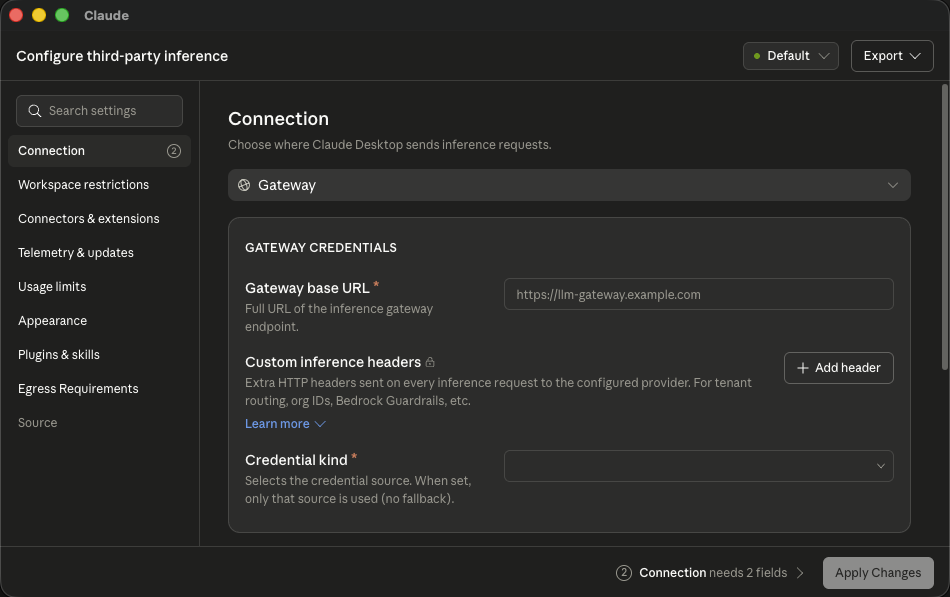 Claude Desktop's Configure third-party inference window, Connection pane with the provider set to Gateway and the Gateway base URL field
